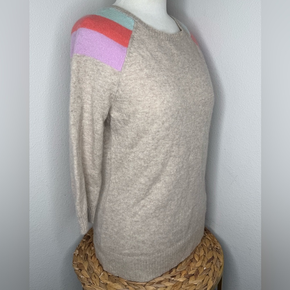 Autumn Cashmere Sweater Color Block Accent 3/4 Sleeve Tan Knit Pink Blue